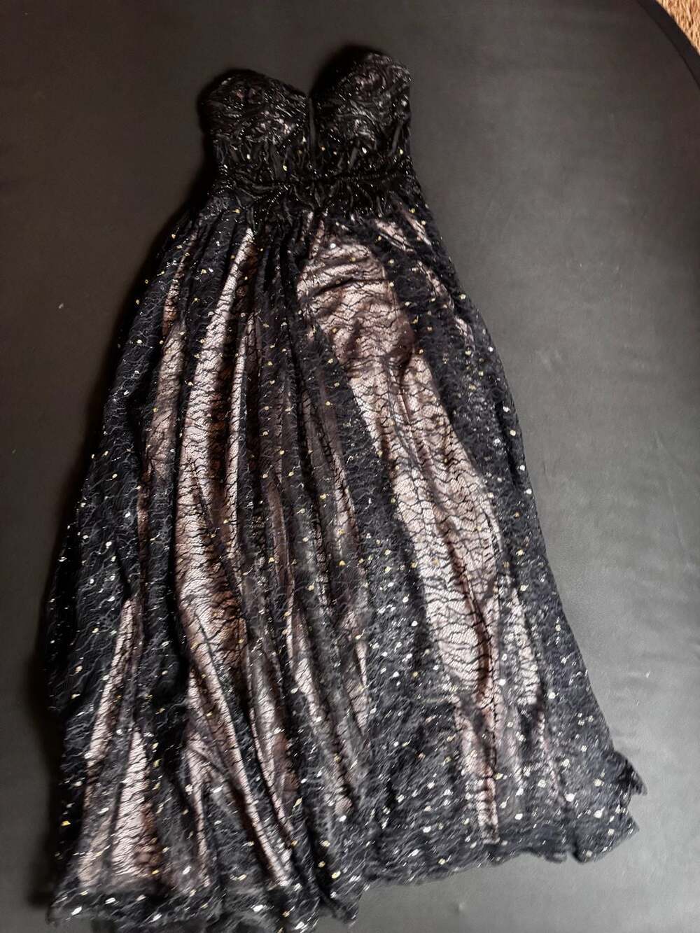 Betsy & Adam Black Lace and Gold Glitter Tulle Corset Ball Gown